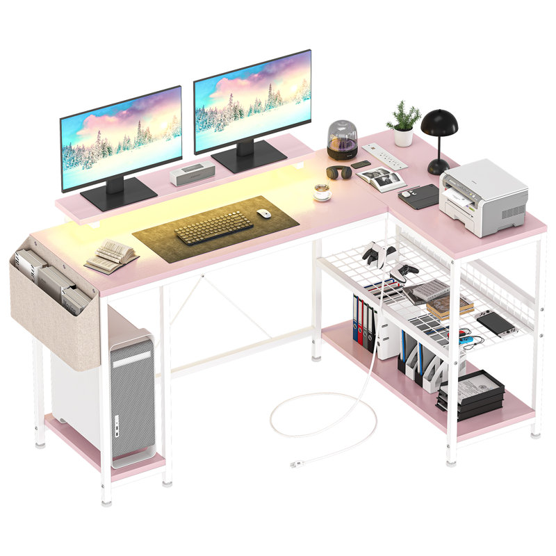 L Shaped Computer Desk with Storage & Power Outlet, Pink/White