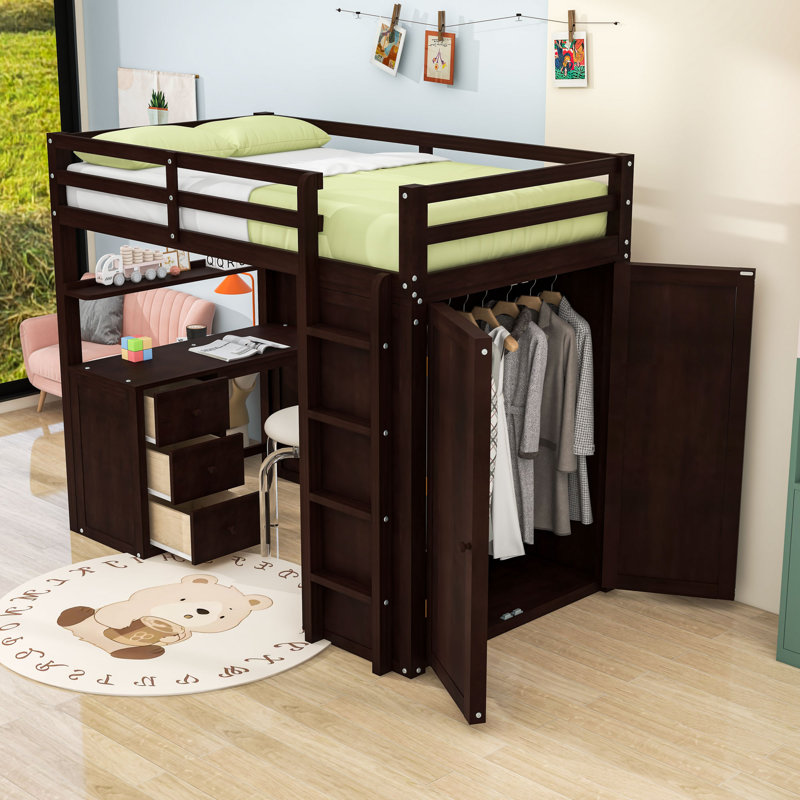 Lit mezzanine avec bureau, tiroirs et garde-robe, Simple, Espresso