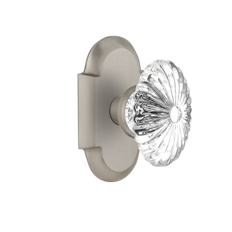 Cottage Plate with Oval Fluted Crystal Door Knob, Satin Nickel, 2.375"