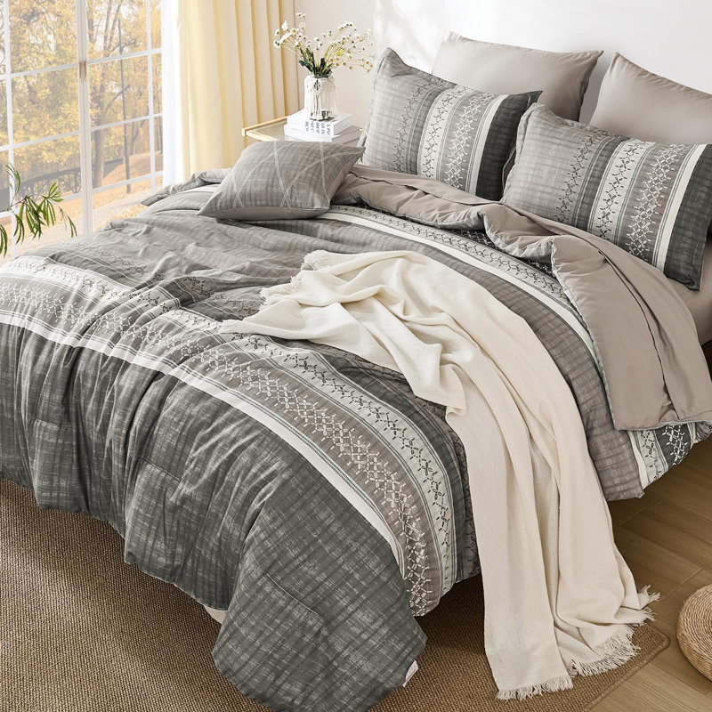 Ensemble de literie 8 pièces Boho, Édredon grand, Gris taupe