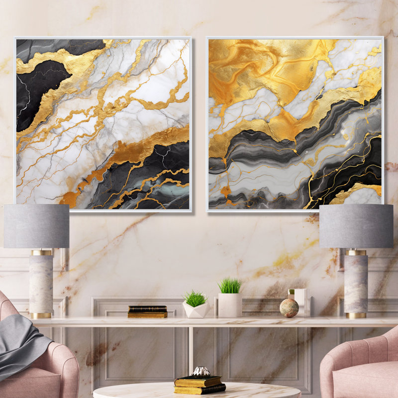 Or et gris abstrait marbre mirage I - ensemble de 2 reproductions d'art en marbre abstrait, Cadre blanc