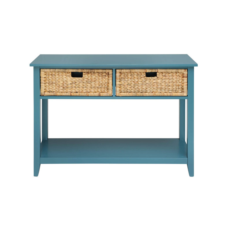 Console Flavius à finition bleu sarcelle avec 2 tiroirs et une tablette ouverte, parfaite pour une décoration intérieure élégante