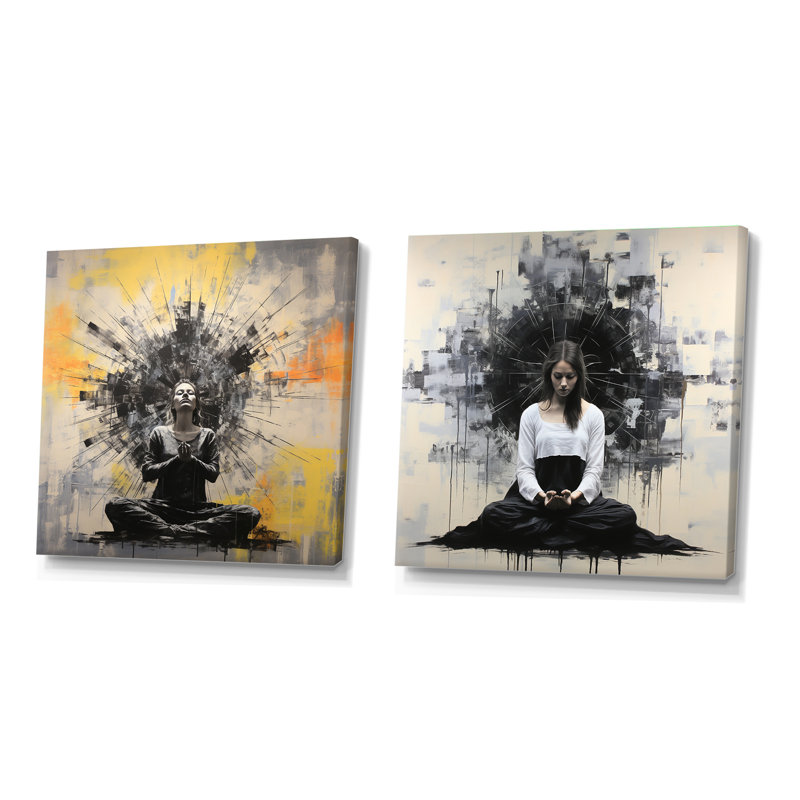 "Minimalisme noir et blanc Yoga médiation" 2 pièces, Toile tendue, H 16 po x l 33 po