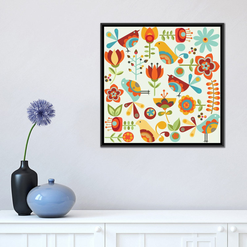 Folk Birds, impression sur toile tendue, H 18 po x l 18 po x P 1,5 po, Toile avec cadre noir