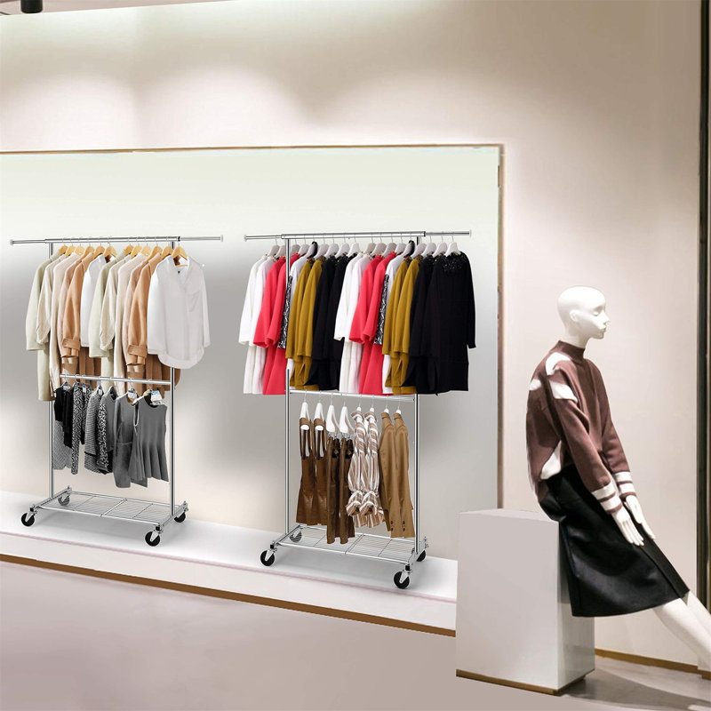 Porte-vêtements, organisateur de vêtements à roulettes avec roulettes et tablettes inférieures chromées