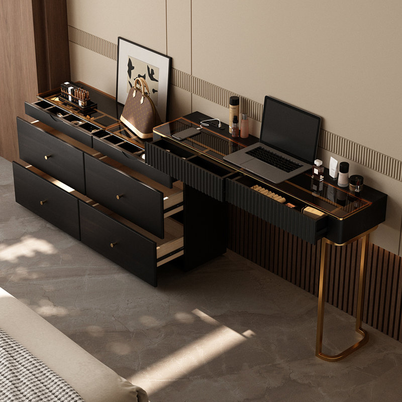 Meuble-lavabo extensible de haute qualité, en forme de L, avec prise de courant, plateau de table en verre, très facile à assembler