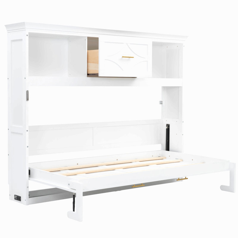 Lit escamotable simple avec station de charge et tiroir, blanc, Blanc