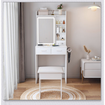 Bureau de maquillage compact avec lumières DEL réglables, prises de courant intégrées et rangement dissimulé pour les petites chambres