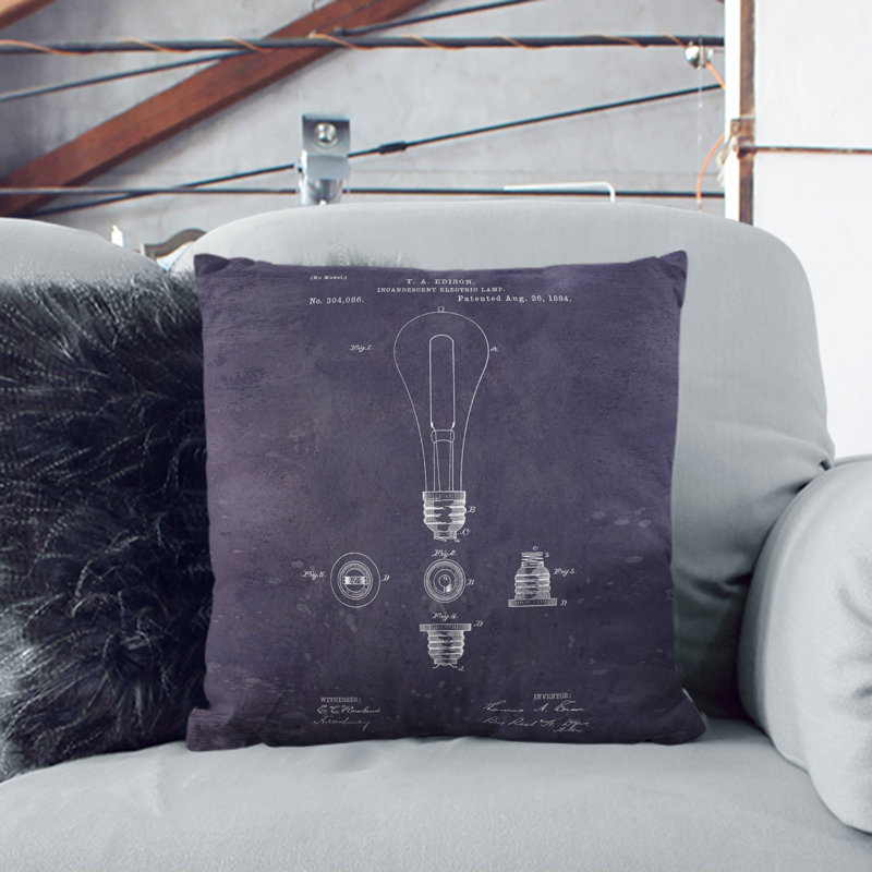 Light Bulb Patent Dark Square Throw Cushion, 55cm H x 55cm W x 20cm D