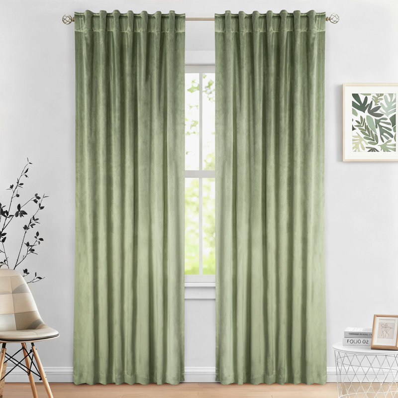 Soft Luxurious Velvet Back Tab Blackout Room Darkening Curtain Pair, Sage Green, 52" W x 84" L