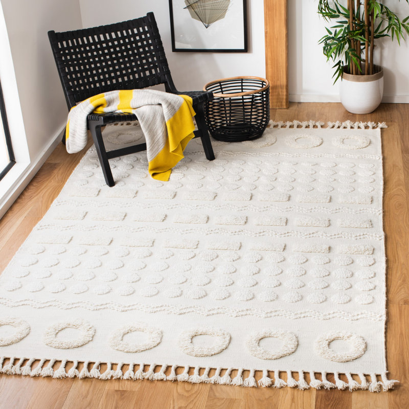 Eitzen Natura Hand Woven Wool/Cotton Geometric Rug in Ivory, Square 6'