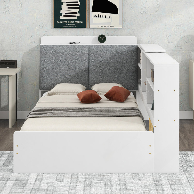 Lit plateforme en bois avec tête de lit, tablettes et 2 tiroirs
