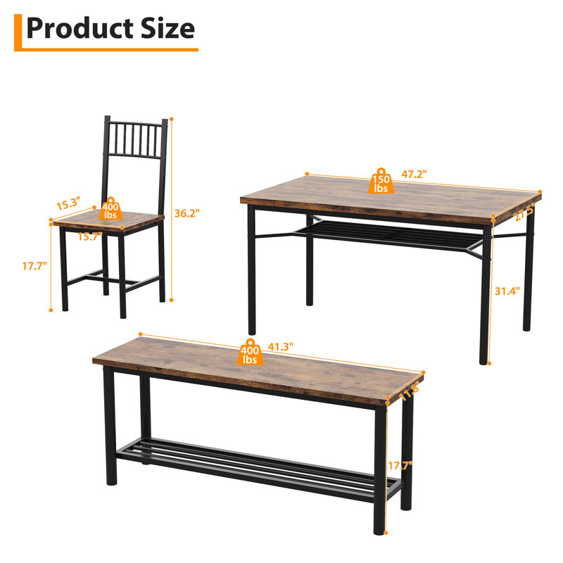 Ensemble de table de salle à manger compacte avec banc de rangement et support à vin - Table rectangulaire et chaises pour 4 - Structure en métal robuste - Idéal pour les petits appartements ou studios