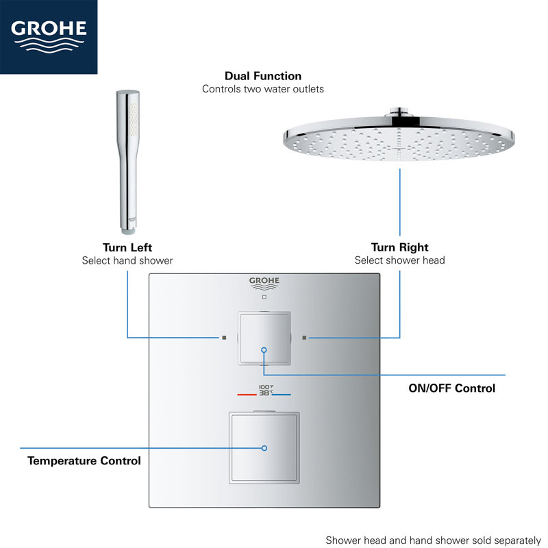 Grohtherm Cube® Dual Function 2-Handle Thermostatic Trim, StarLight Chrome