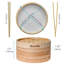  Bamboo Steamer Basket 25cm with Chopsticks, Tongs, 50 Paper Liners - 2-Tier Food Steamer for Cooking Dumplings Vegetables