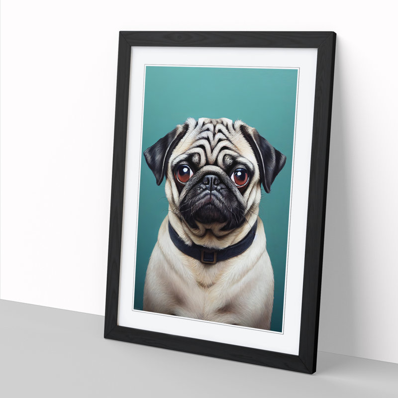 Pug Dog Portrait - Single Picture Frame Print, 64cm H x 46cm W x 2cm D, Oak