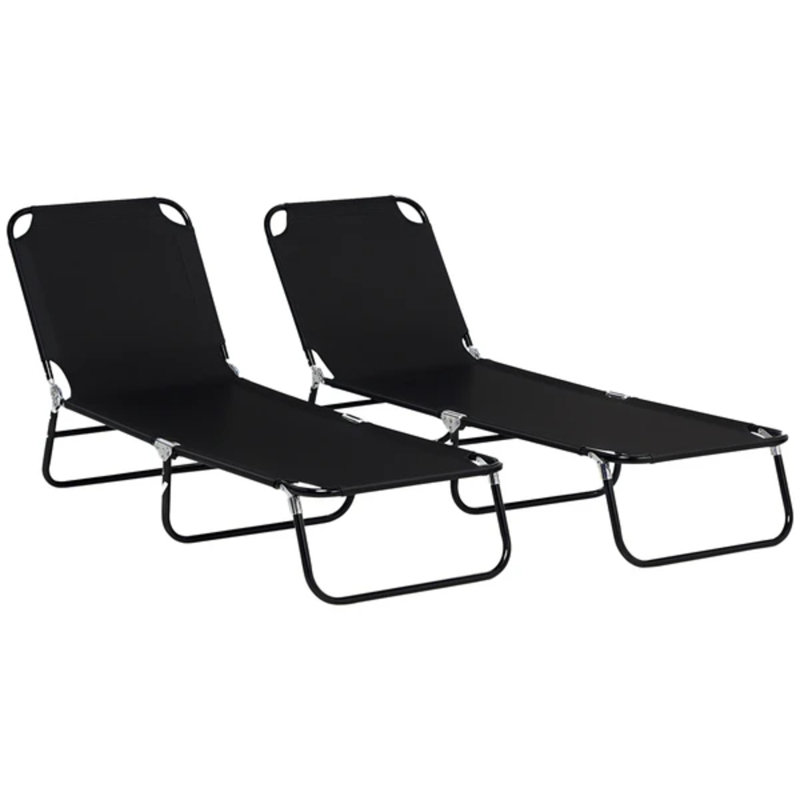 Ensemble de 2 chaises longues pliantes noires, chaise longue d'extérieur inclinable à 5 positions avec structure en acier pour patio