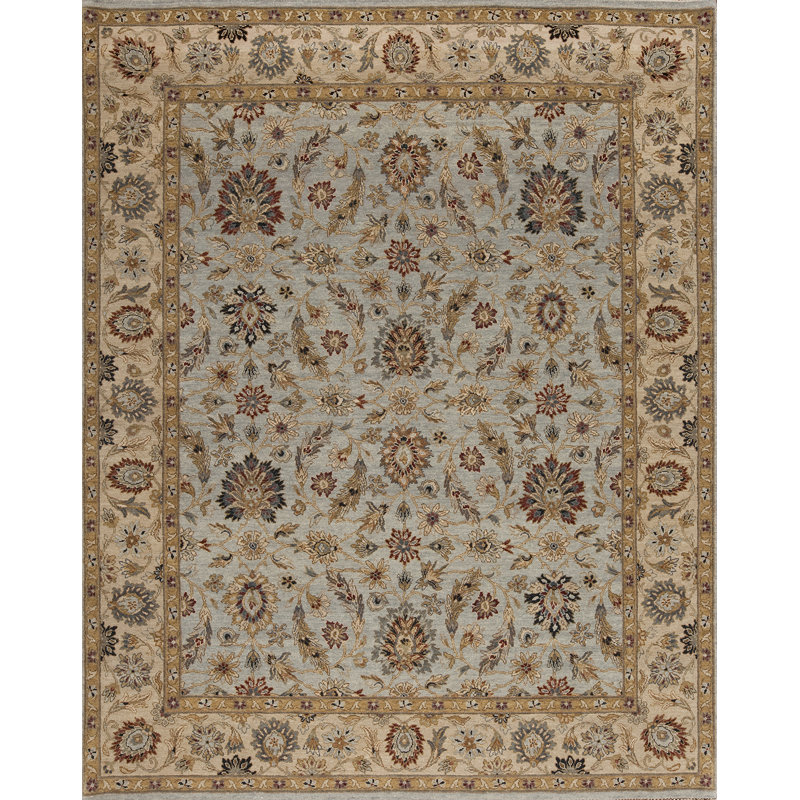 Tapis bleu clair / ivoire en laine noué à la main Sovereign, Rectangle 12 pi x 18 pi