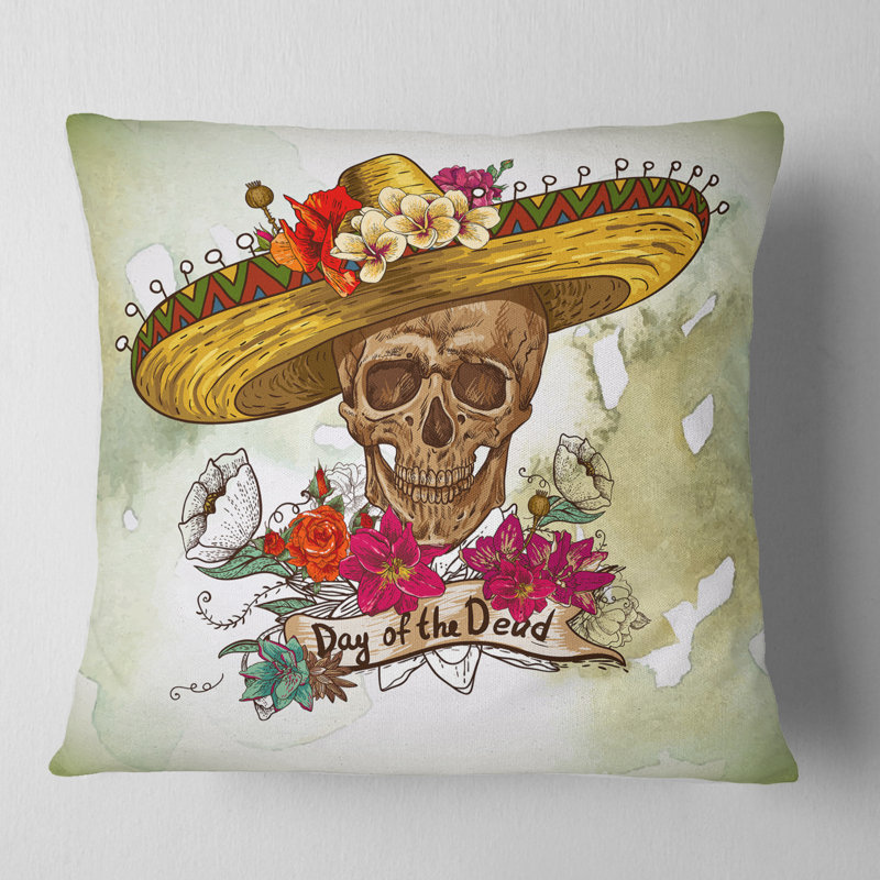 Crâne de Sombrero avec fleurs - coussin décoratif imprimé floral, 16 po x 1 po, Carré