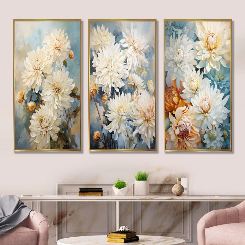 «Beige Mums In Bouquet Bliss» - ensemble de salon mural 3 mamans, Cadre flottant doré, H 28 po x l 36 po
