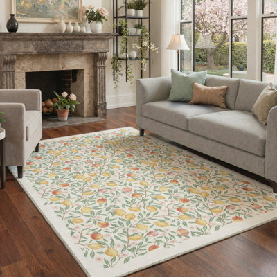 Fruition Floral Machine Washable Warm Ivory Indoor Area Rug With Non-Slip Backing