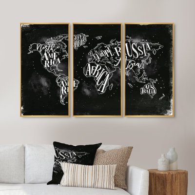 «Vintage Chalk World Map - Cartes murales d'art sur toile, ensemble de 3