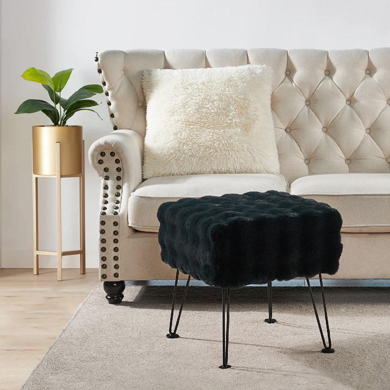 Upholstered Ottoman, Black Faux Fur