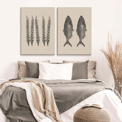 2 Pcs Jesus Feeds The 5000 Wall Art Miracle Of The Five Loaves And Two Fish Canvas Prints Black And White Christ Bible Verses Story Wall Decor Minimalist Posters Picture For Church Paintings Framed 12X16 In