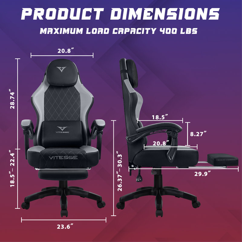 Adjustable Reclining Ergonomic Game Chair, Black/Gray