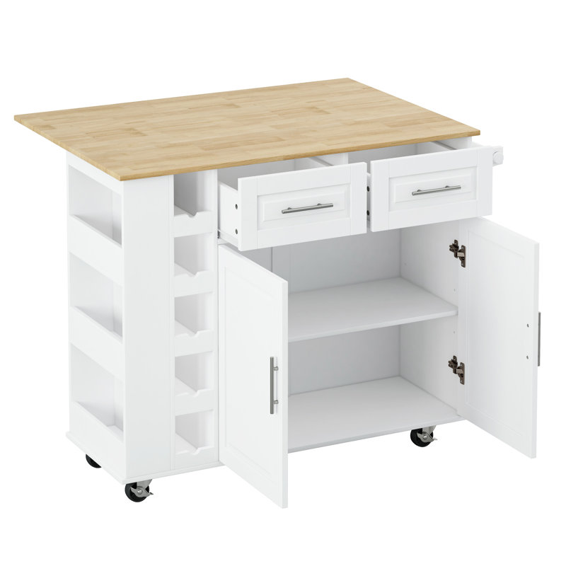 Îlot de cuisine multifonctionnel avec 2 armoires, tiroirs - étagère à épices pratique, porte-serviette, magnifique plateau en bois d'hévéa