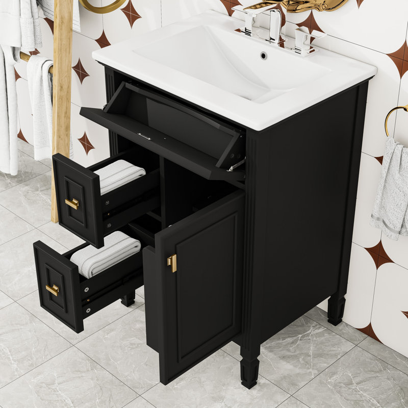 Meuble-lavabo autoportant moderne avec lavabo en céramique, tablette réglable et grand espace de rangement, Noir