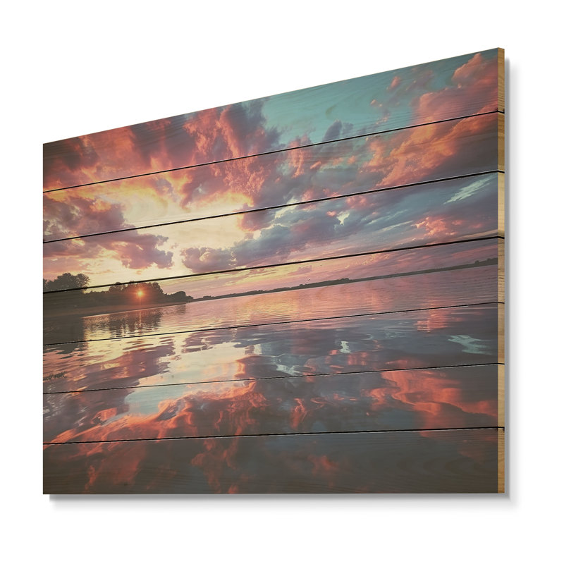 Horizon, coucher de soleil au bord du lac II - impression sur bois, H 24 po x l 32 po x P 0,78 po