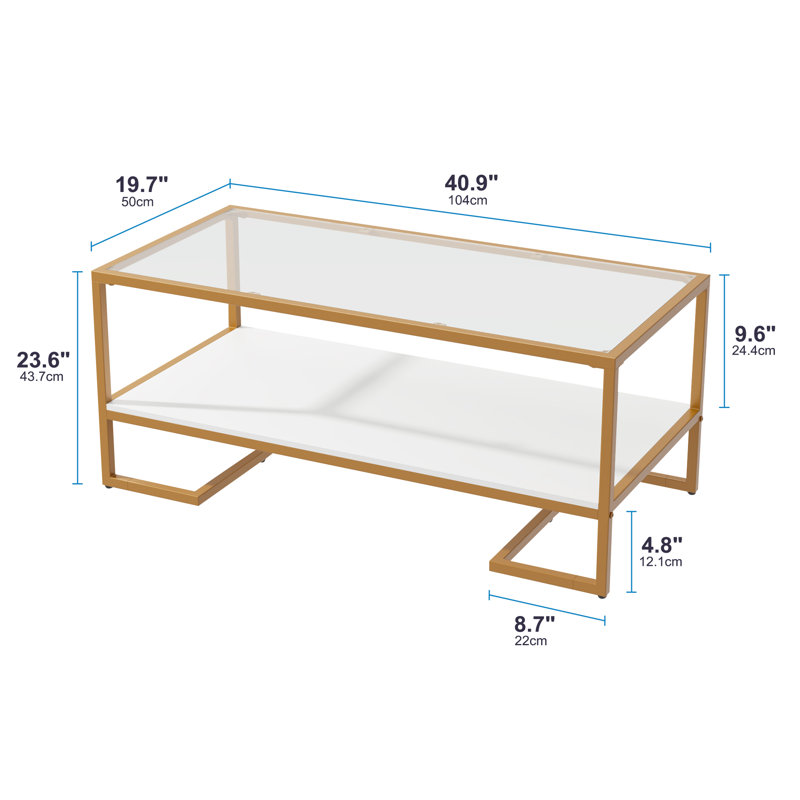 Coffee Table, 2 Tier Tempered Glass Coffee Table, Rectangle Modern Center Table With Metal Frame, Glass Accent Table Open Storage Shelf For Living Room, Office, White