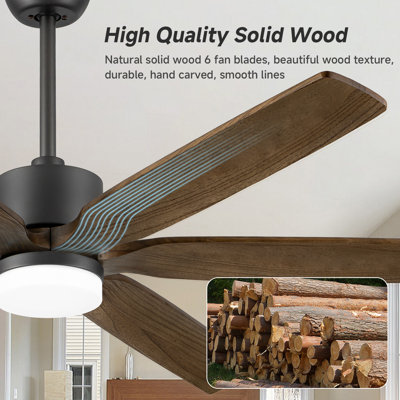 Ventilateur de plafond avec lumière DEL, télécommande, moteur réversible, 5 températures de couleur, pales en bois massif