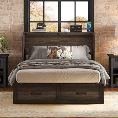 Farmhouse Murphy Cabinet Bed With Charging Station Foldable Platform Bed With Large Storage Drawer For Guest-Room Small Bedroom