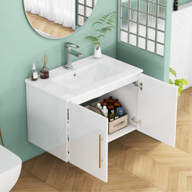 Meuble-lavabo mural blanc brillant 30 po avec lavabo, portes doubles, crochets à fermeture en douceur, installation facile, lavabo en céramique, blanc brillant