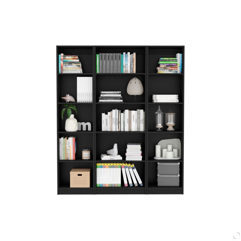 Ensemble de bibliothèque 3 pièces Bartow, 60 po de large avec 15 tablettes, ensemble de salon noir, Noir