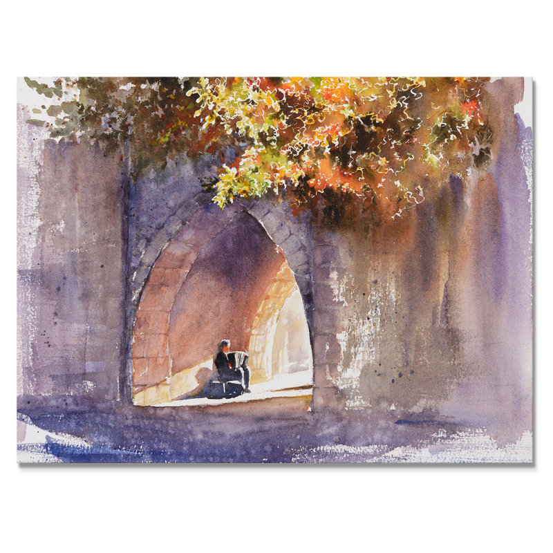 «Street Musician Performing at the Gate» - peinture sur toile, Toile tendue, H 12 po x l 20 po x P 1 po