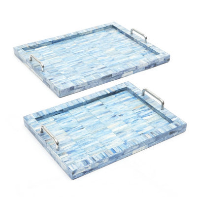 Handmade Bone & Resin Checkered Tray With Handle - Set Of 2