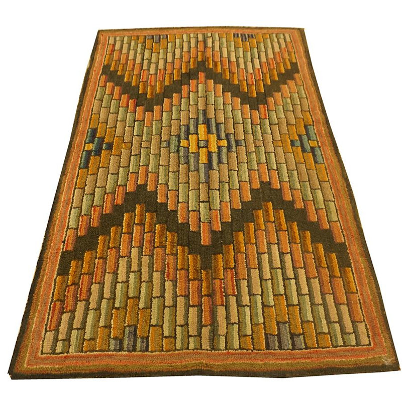 1880s Antique Multicolor Geometric Folk Art Knotted American Hooked Carpet Rug