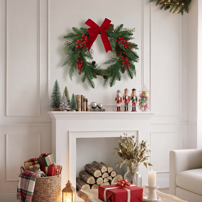 Artificial Christmas Wreath Decorations with Red Berries & Bow
