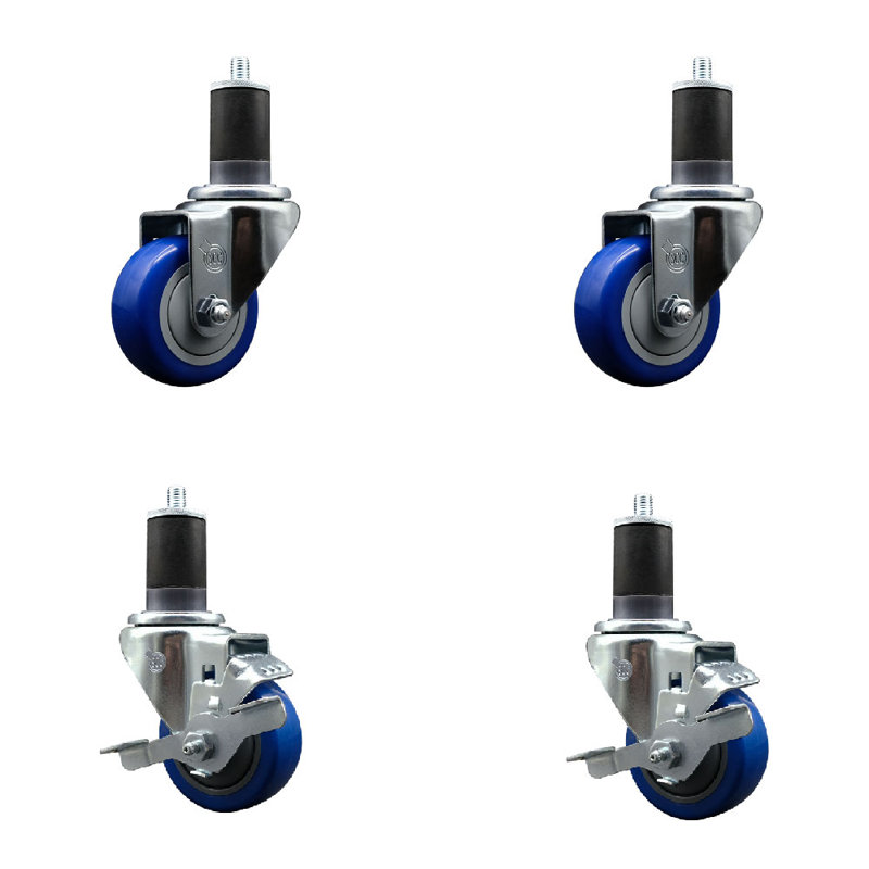 Ensemble de roulettes à tige extensible pivotante en polyuréthane de 3 po à 1 5/8 po 2 freins SCC, Bleu