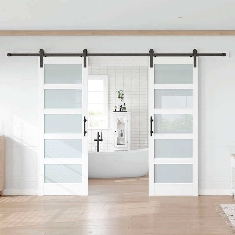 Porte de grange double en verre manufacturé avec ensemble de quincaillerie d'installation, 64 po x 80 po, 2
