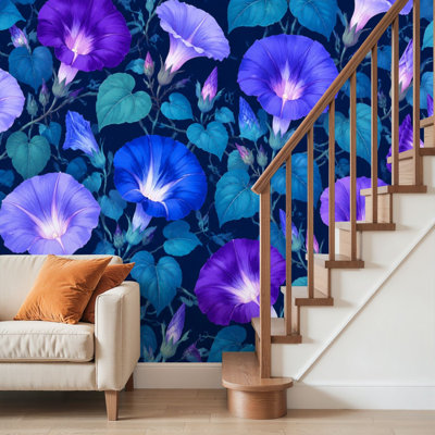 Peel and Stick Wallpaper Wall Mural Vibrant Botanical Purple Blue Flowers Green Foliage Wall Art Self Adhesive and Removable