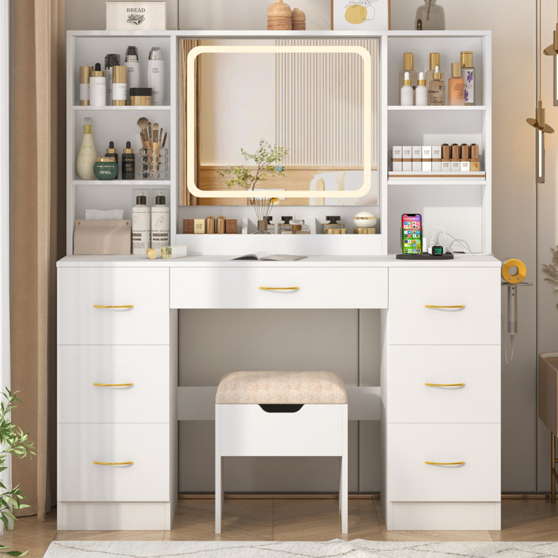 47"  Vanity Desk with LED Lighted Mirror,Drawers & Cabinets, Makeup Table with Power Outlet,  Adjustable Lighting Modes