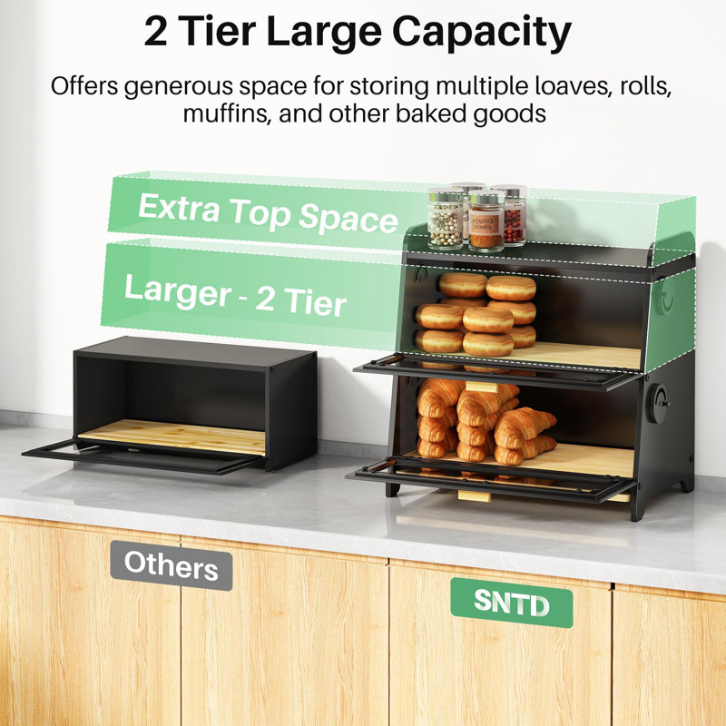 Bread Box - Kitchen Countertop Bread Storage Container With Bamboo Cutting Board, Adjustable Vent Hole Dials, Black