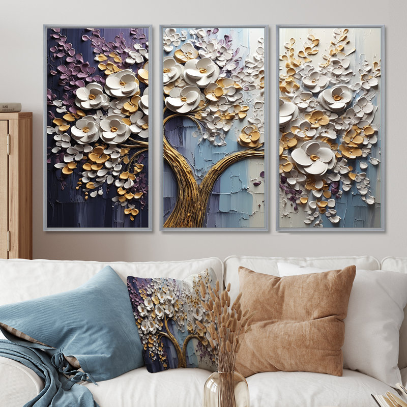 Arbre en fleurs avec fleurs blanches II - ensemble d'art mural arbre floral, H 28 po x l 36 po x P 1 po, Encadrement argenté
