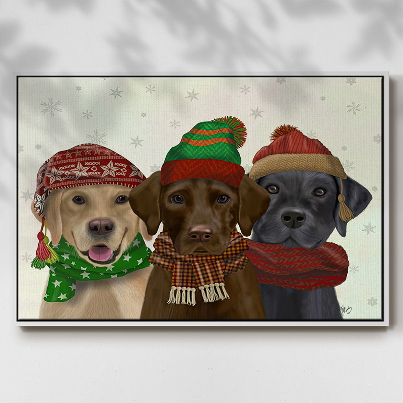 Christmas 3 Winter Labs, reproduction d'art sur toile, Cadre flottant blanc, H 25 po x l 37 po x P 1,5 po
