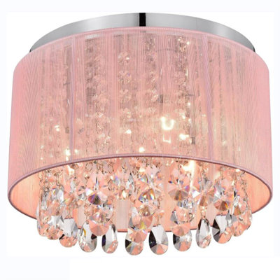 Modern Pink Fabric Shade Crystal Flush Mount, 11", E14 base (No Bulb)