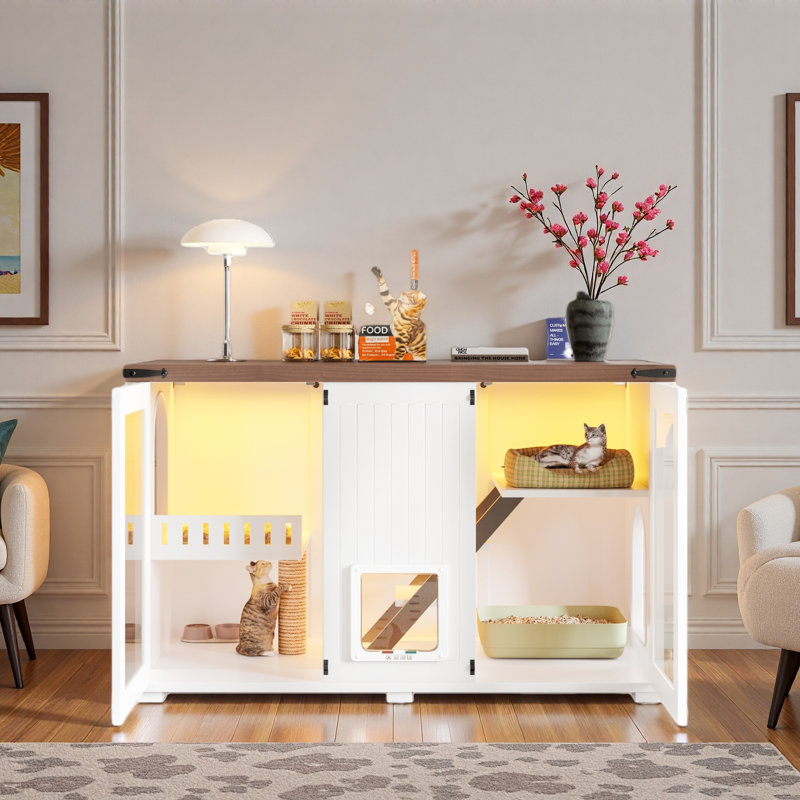 Grand bac à litière pour chat avec lumière DEL, bac à litière caché, escalier, grattoir pour chat et porte verrouillable intelligente